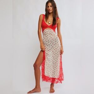 NWT Free People Suddenly Fine Floral Lace Maxi Slip Dress Nightgown Tea Combo S